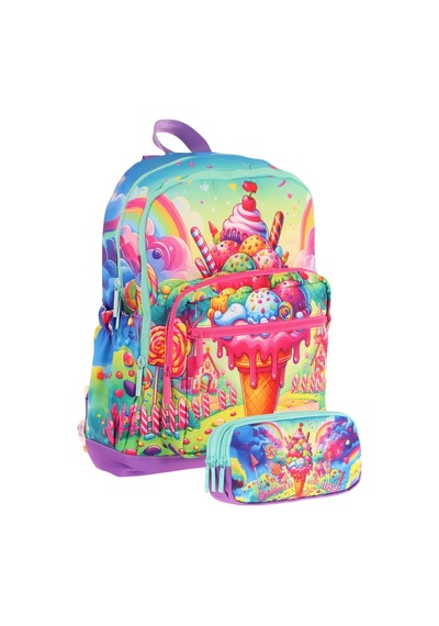 Kaukko Kids Layer Kız Çocuk Okul Çantası + Kalem Çantası Seti Kırmızı Mavi - Dondurma Kırmızı - Mavi