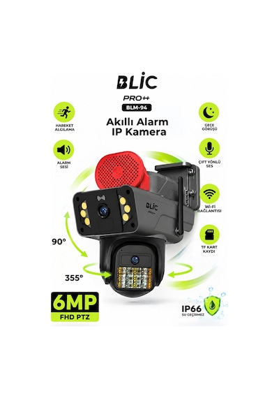 Blic Pro++ Blm-94 6 Mp Çift Lensli Wi-fi Ptz Dış Mekân Ip Güvenlik Kamerası Siyah, Ip66, Sirenli Ve