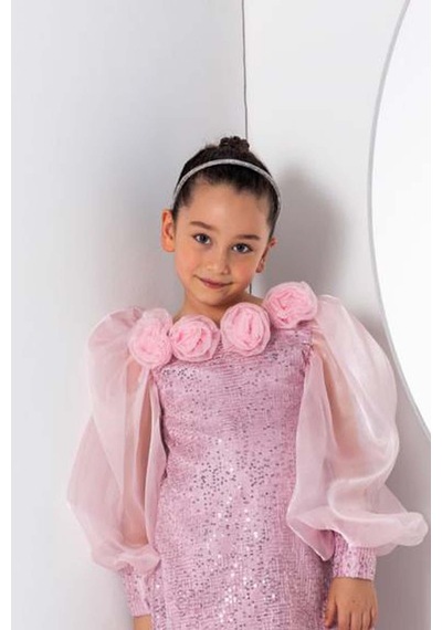 Riccotarz Kız Çocuk Yakası Boydan Gül Broş Detaylı Bilekleri Ve Üzeri Pullu Karpuz Kollu Pembe Elbise Pembe Riccotarz Kız Çocuk Yakası Boydan Gül Broş Detaylı Bilekleri Ve Üzeri Pullu Karpuz Kollu Pembe Elbise Pembe