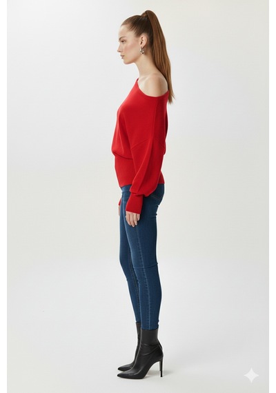 Fiolin Omuzu Açık Off Shoulder Triko Kazak Kırmızı