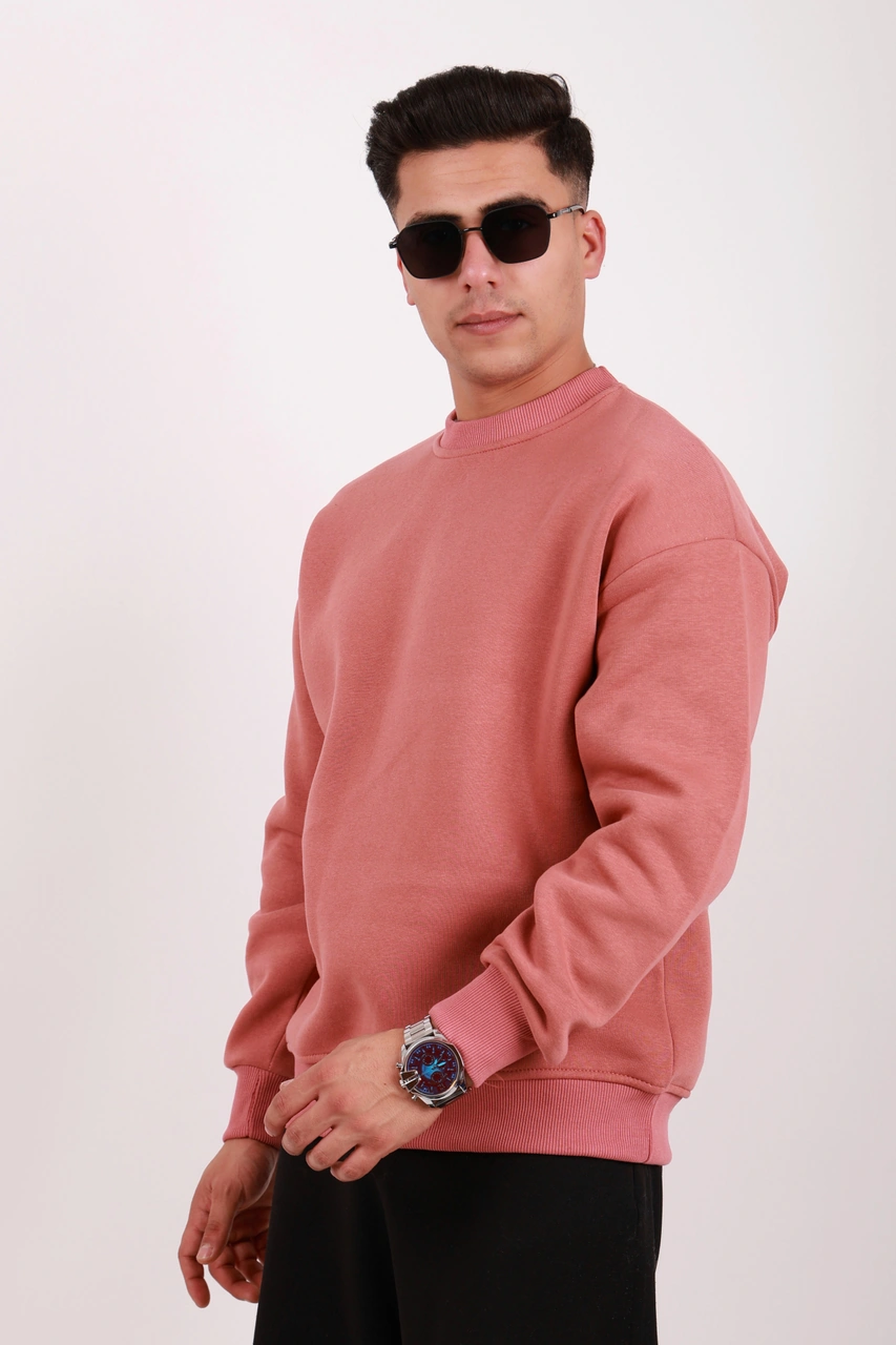 Erkek Standart Fit Bol Kesim %100 Pamuklu Içi Şardonlu 3 Iplik Bisiklet Yaka Sweatshirt Mercan