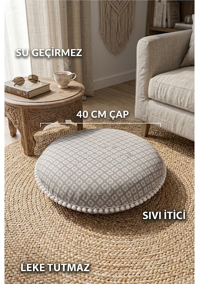 Sandalye Minderi Yuvarlak Gri Çiçek Desenli Ponponlu Leke Tutmaz Bahçe Sandalye Pufu 40cm Çok Renkli