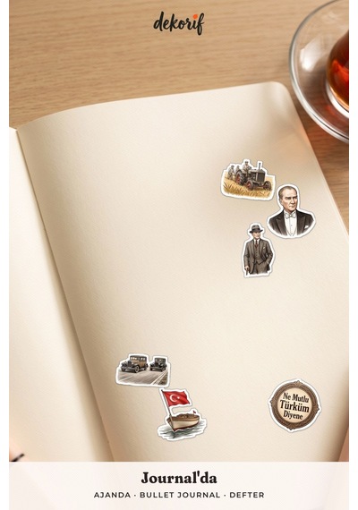Atatürk Sticker Seti 100 Adet - 29 Ekim Cumhuriyet Bayramı Türk Bayrağı Vintage Ajanda Çıkartma Çok Renkli