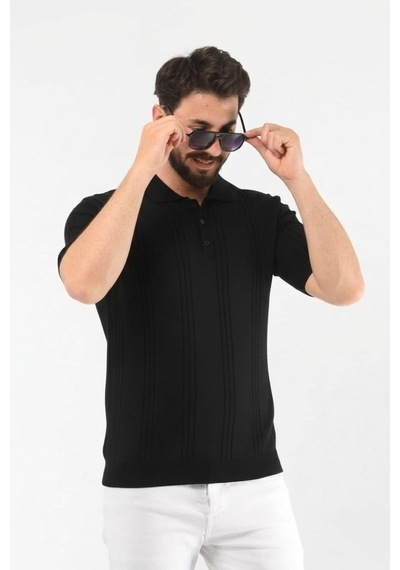 Onno Pamuk İplikli Boydan Çizgili Triko Tshirt Siyah