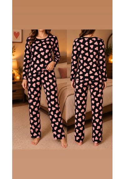 Lila İç Giyim Kadın Pembe Fiyonk Desenli Uzun Kollu Pijama Takımı Siyah Rahat Ev Giyim Seti Siyah - Pembe Lila İç Giyim Kadın Pembe Fiyonk Desenli Uzun Kollu Pijama Takımı Siyah Rahat Ev Giyim Seti Siyah - Pembe