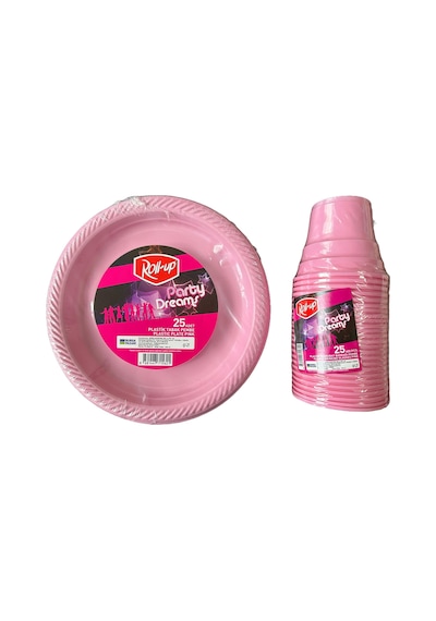 Piknik Davet Doğum Günü Omeyva Sofra Seti - 25 Kişilik Pembe Tabak Bardak Çatal Takımı Pembe