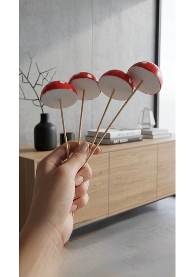 Dekoratif El Yapımı Kırmızı Mantar Saksı Süsü 4 Lü Set