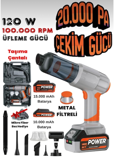 Nvg 20000 Pa 25.000 Mah Pro Elit Şarjlı Çift Bataryalı Metal Filtreli Lcd Ekranlı Araç Süpürgesi 20000 Pa