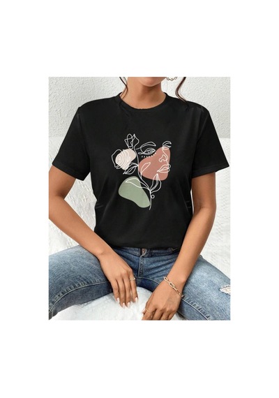 Medinenur Portre Baskılı Basic T-shirt Siyah