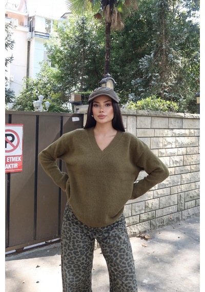 Kechi Woman V Yaka Oversize Triko Kazak Yeşil
