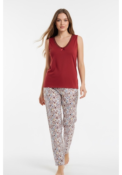 Kompedan Kadın % 100 Ring Viskon V Yaka Altı Desenli Kalın Askılı Pijama Takımı Kiremit 40108-4770