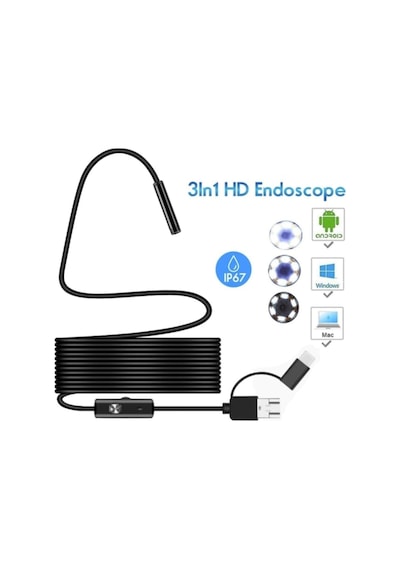 3'ü 1 Arada Endeskop Kamera Mikrofon Usb Ve Tip-c 6 Led Su Geçirmez 10 Metre Borescope Yılan Kamera Siyah 5 Metre
