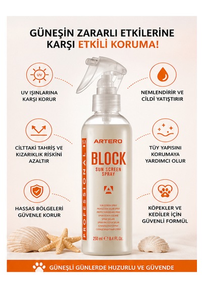 Artero Block Kedi Köpek Uv Koruyucu Güneş Spreyi Tüy Ve Kürk Bakımı 250 Ml