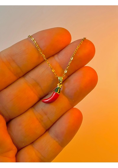 Kadın & Erkek Şık Tasarım Çelik Kırmızı Chili Biber Figürlü Takı Minimalist Şans Kolye Gold