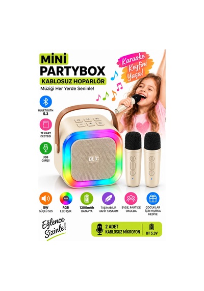 Blic Bls-97 Bej Partybox Çift Kablosuz Mikrofonlu Rgb Led Işıklı Taşınabilir Bluetooth Hoparlör