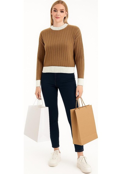 Hira Life Fashion Kadın Bisiklet Yaka Fitili Ve Şerit Detaylı Crop Triko Kısa Kazak Vizon Vizon Hira Life Fashion Kadın Bisiklet Yaka Fitili Ve Şerit Detaylı Crop Triko Kısa Kazak Vizon Vizon