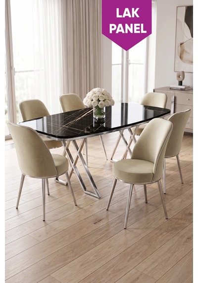 Peras Serisi 90x160 Lak Panel Siyah Mermer Desen Krom Ayaklı Masa Takımı 6 Sandalye Siyah Mermer - Krem Peras Serisi 90x160 Lak Panel Siyah Mermer Desen Krom Ayaklı Masa Takımı 6 Sandalye Siyah Mermer - Krem
