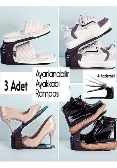 3 Adet Ayarlanabilir 4 Kademeli Ayakkabı Rampası Dekoratif Ayakkabılık Düzenleyici Siyah Plast Diğer