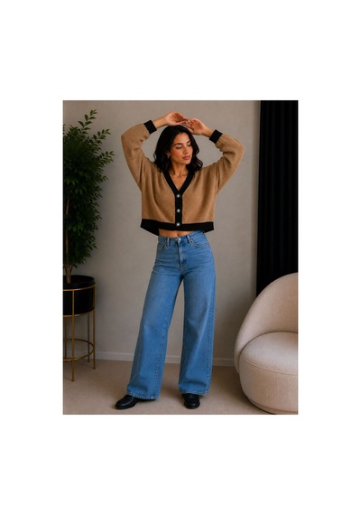 Hira Life Fashion Kadın V Yaka Düğmeli Şeritli Kısa Crop Ceket-hırka Vizon Vizon