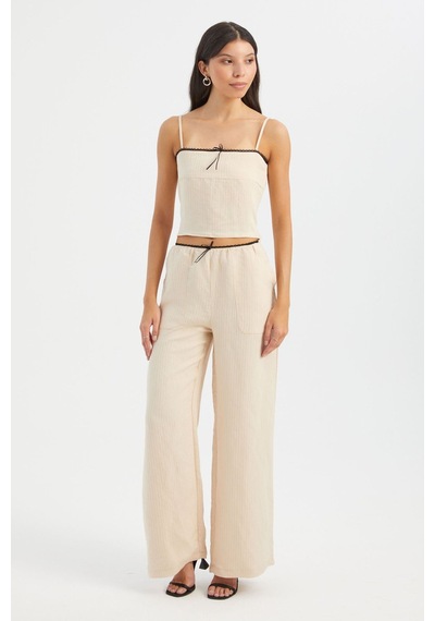 Hiccup Çizgili Kare Yaka Askılı Crop Top Krem Doğal