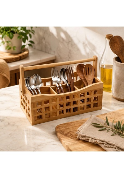 Bambu 4 Bölmeli Kaşıklık, Taşıma Saplı Mutfak Tezgah Üstü Organizer Diğer