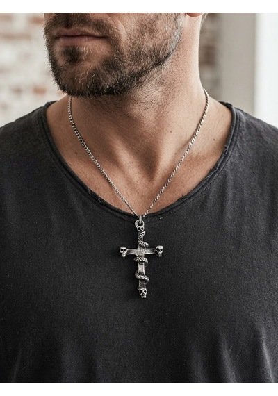 Unisex Haç Kolye Kırmızı Taş Detaylı Gümüş Renk Zincir Kolye Gotik Tarz Unisex Takı Hc97 Gri