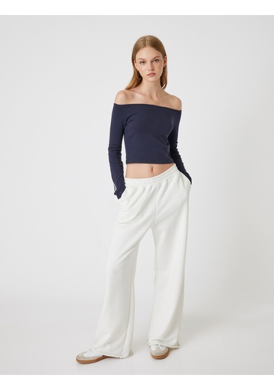 Koton Madonna Yaka Tişört Crop Uzun Kollu Biyeli Slim Fit Lacivert 5wal10232ık Lacivert