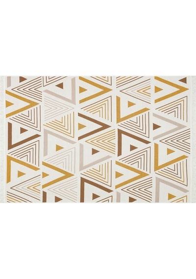 Beige Yellow Yıkanabilir Çift Taraflı Modern Desenli Dokuma Kilim