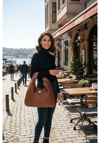 Glemix Arvia Taba Cilt Zımba Detaylı Kadın El Ve Omuz Çantası Taba