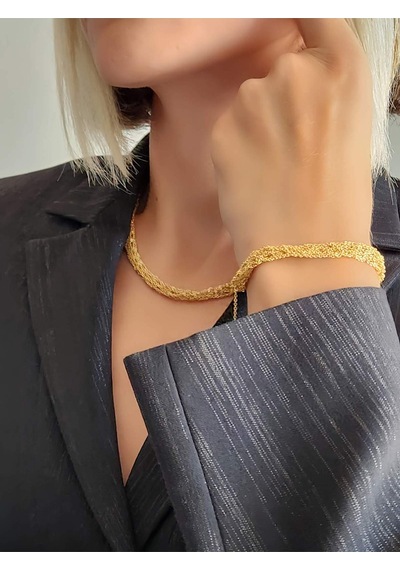 Zırh Örgü Model Çelik Zincir Dokuma Altın Kaplama Kolye Bileklik Set