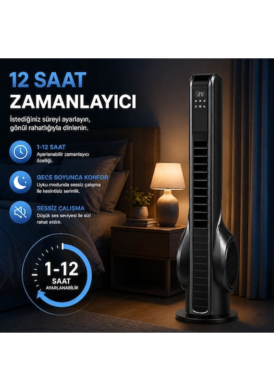 Turbo Akıllı Fan 70w Uzaktan Kumandalı Kule Vantilatör, Aromaterapi Özellikli, Dokunmatik Led Ekranlı, 3 Hız Kademeli, 3 Modlu, 12 Saat Zamanlayıcılı, Sessiz Çalışma, Salınımlı Fan