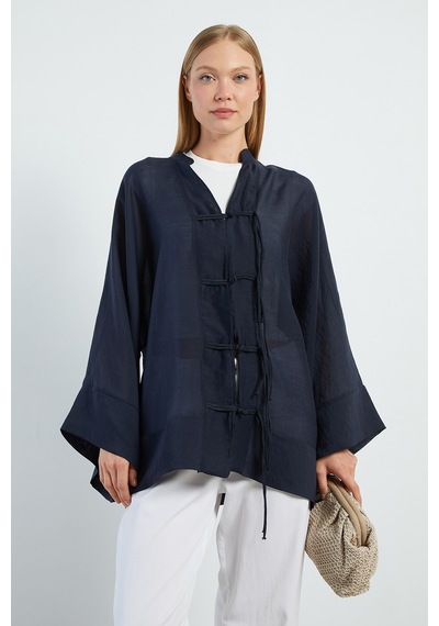 Fullamoda Geniş Kol Oversize Transparan Kimono Lacivert