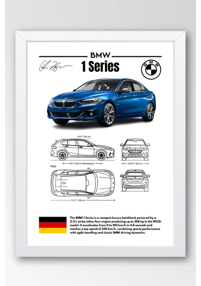 Bmw 1 Serisi Tablo - Teknik Özellikli Alman Spor Hatchback Poster - Çerçeve Duvar Dekoru - Blueprint Beyaz