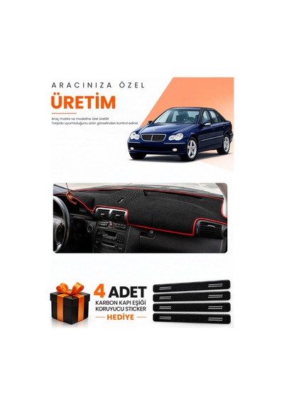 Mercedes W203 C-class 2000-2007 Uyumlu Torpido Koruma Örtüsü Oto Kılıfı - Siyah Kırmızı