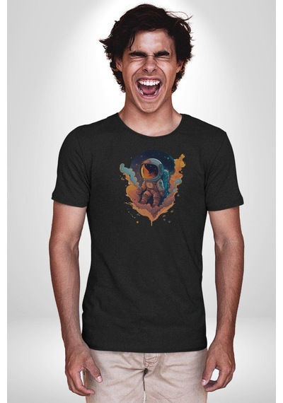 Bulutlar Astronot Uzay Unisex Unisex Siyah Organik Baskılı T-shirt Penye Yüksek Kalite Siyah