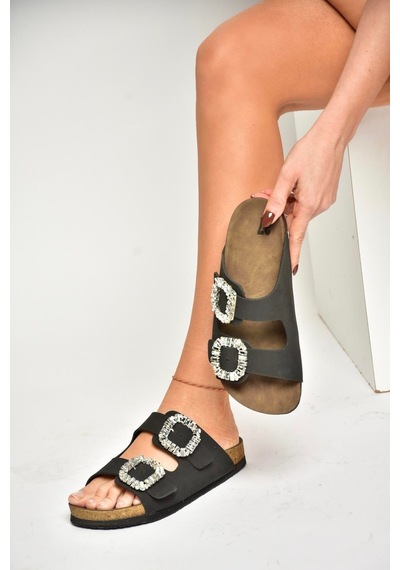 Fox Shoes K777604802 Siyah Süet Çift Tokalı Taşlı Kadın Terlik Siyah-süet Siyah