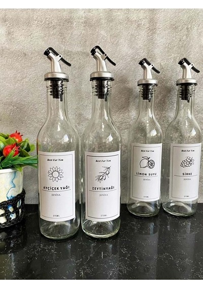 4'lü Cam Yağdanlık Sirkelik Limonluk Beyaz Etiketli Damlatmaz Başlıklı 375 Ml Çok Renkli