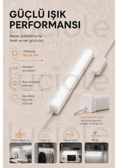 220v Beyaz Led Bar 50 Cm Fişli Anahtarlı Yapışkanlı Tezgah Altı Dolap İçi Aydınlatma