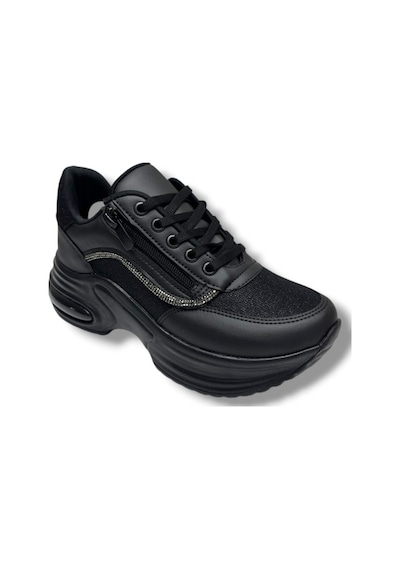 Modalendo 1511-26 Cilt Deri Simli Şeritli Anatomik Bağcıklı Kadın Sneaker Siyah