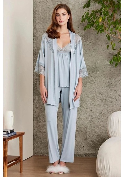 Pierre Cardin 2820 Kadın Mist Dantelli Penye 3'lü Sabahlıklı Pijama Takım 001