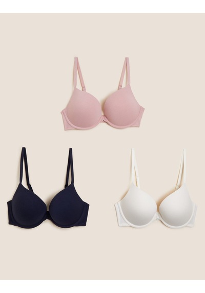 Marks & Spencer 3'lü Pamuklu Push Up T-Shirt Sütyeni T33006810 Lacivert