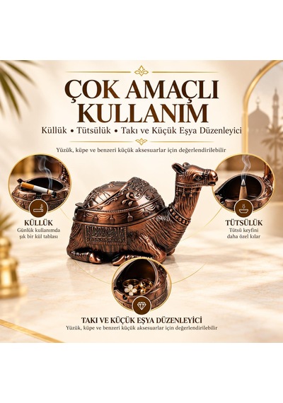 Lüks Alaşım Metal Deve Figürlü Kapaklı Dekoratif Küllük Takı Saklama Kutusu Metal Biblo 16 X10 Cm.