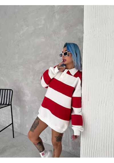 Mbb E-ticaret Kadın 3 İplik Pamuklu Parçalı Yakalı Sweatshirt - Kırmızı