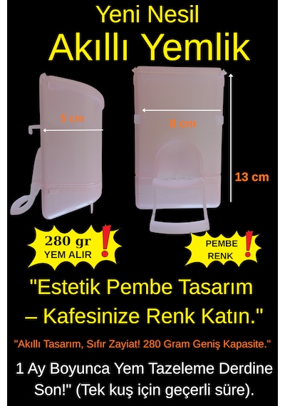 Pembe Akıllı Kuş Yemliği - 280 Gr Geniş Hazneli Kabuk Ayırıcılı Muhabbet Kuşu Yemliği 13x8x5 Cm