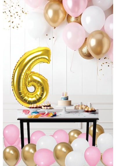 6 Yaş Retro Krom Gold Pembe Beyaz Balon Seti Gold Rakamlı Doğum Günü Balonu Şık Parti Süsleme Çok Renkli