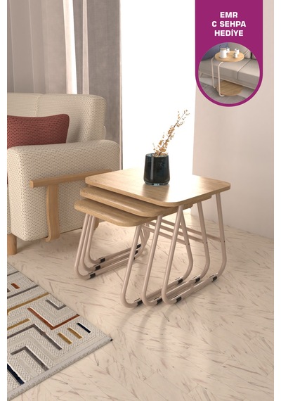 Vilinze Zigana Çok Amaçlı Vizon Metal Ayak 3'lü Naturel Mdf Zigon Sehpa Vizon-naturel