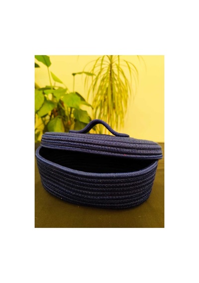 Hasır Jüt Sepet Oval Kapaklı Organizer Düzenleyici 30x20x10 Cm Lacivert Lacivert