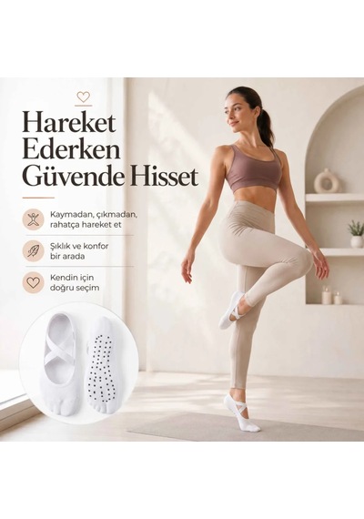 Elitse Kaymaz Tabanlı Kadın Balerin Tasarımlı Yoga Pilates Çorabı Çapraz Bantlı Spor Çorap Hac Umre Çorabı Siyah