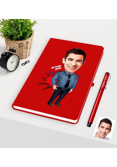 Kişiye Özel Bay Polis Karikatürlü Kırmızı Defter Kalem Seti - 3 Kırmızı