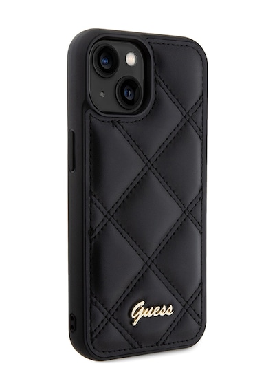 Apple Uyumlu iPhone 15 Kılıf Guess Lisanslı Pu Deri Metal Yazı Logolu Kapitone Kapak Siyah